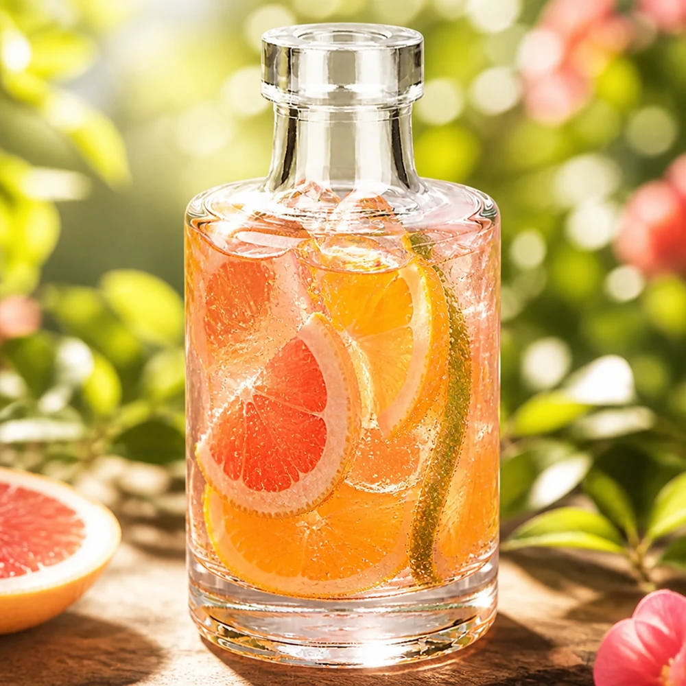 100 ml glasflaske »Marie« uden lukning UNiTWIST® 100 ml glasflaske Marie med grapefrugtdrik og isterninger i en naturlig have med frugt