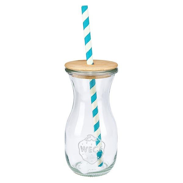 6 x WECK 290 ml juiceflaske RR60 med trælåg og 100 eco S WECK glasflaske 290 ml med bambuslåg og turkis-hvidt papirstrå Single view Drikkeflaske