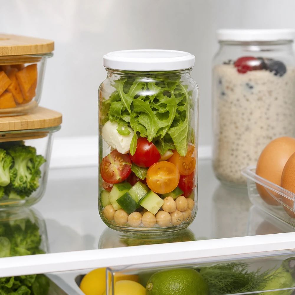 1062 ml rund krukke med BasicSeal-låg hvid UNiTWIST 1062 ml rund krukke BasicSeal-låg med salat i køleskab Meal Prep Beholder til opbevaring af frisk mad