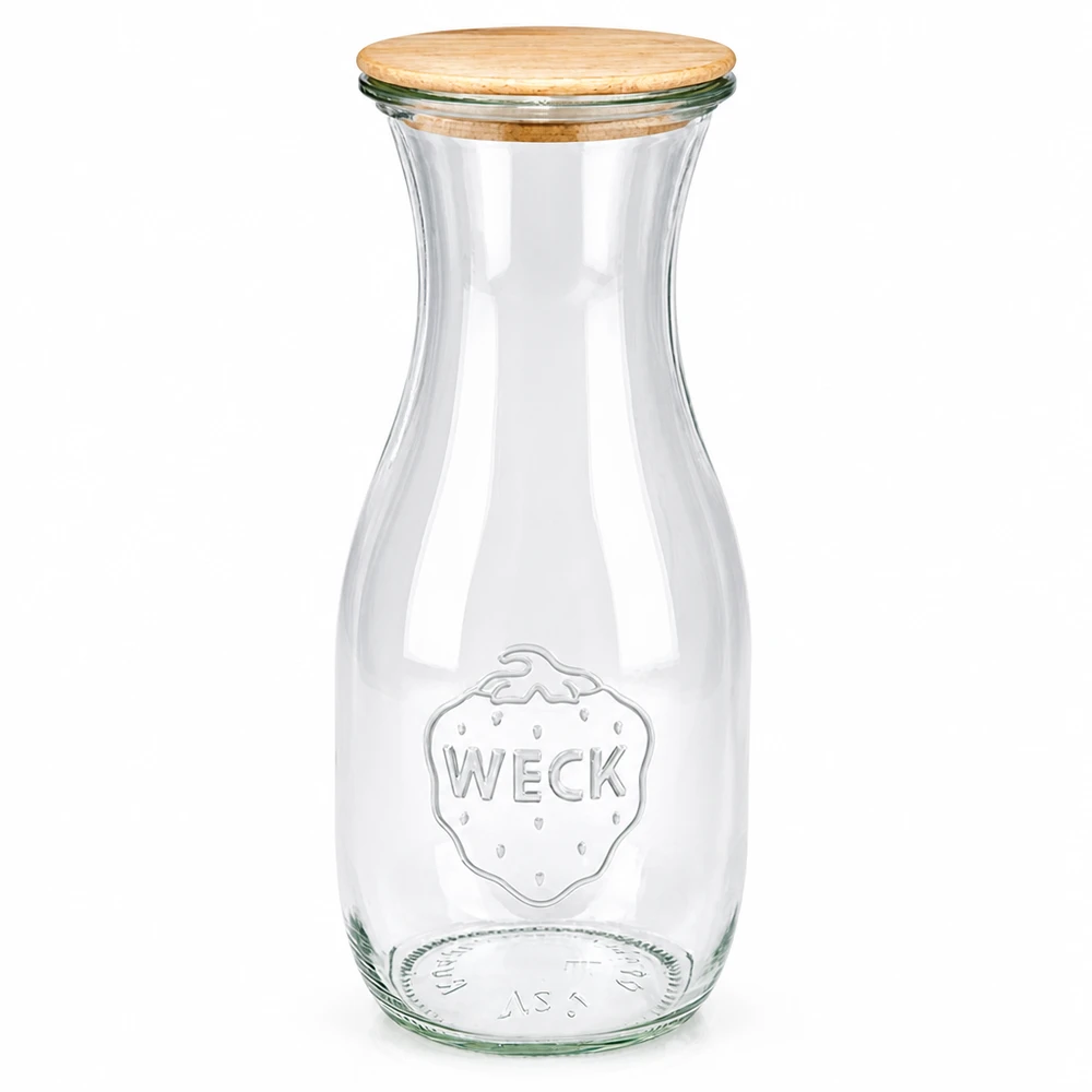 530 ml juiceflaske WECK RR60 med trælåg WECK juiceflaske 530 ml af glas med trælåg RR60 konserveringskrukke til juice og drikkevarer transparent