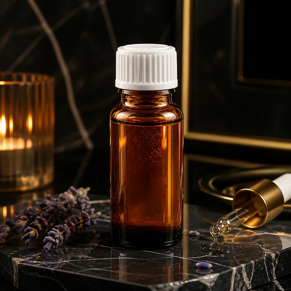 Apotekerflaske brun 10ml dråbetæller hvid 0,8mm stk. Ravfarvet 10 ml flaske med hvid STD-dråbeflaske på sort marmor med lavendel