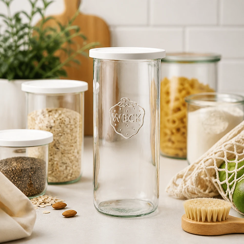 1500 ml Briller med friskhedslåg WECK RR100 WECK 1500 ml RR100-bægre i et moderne køkken med pastakrukker og bæredygtige økoprodukter