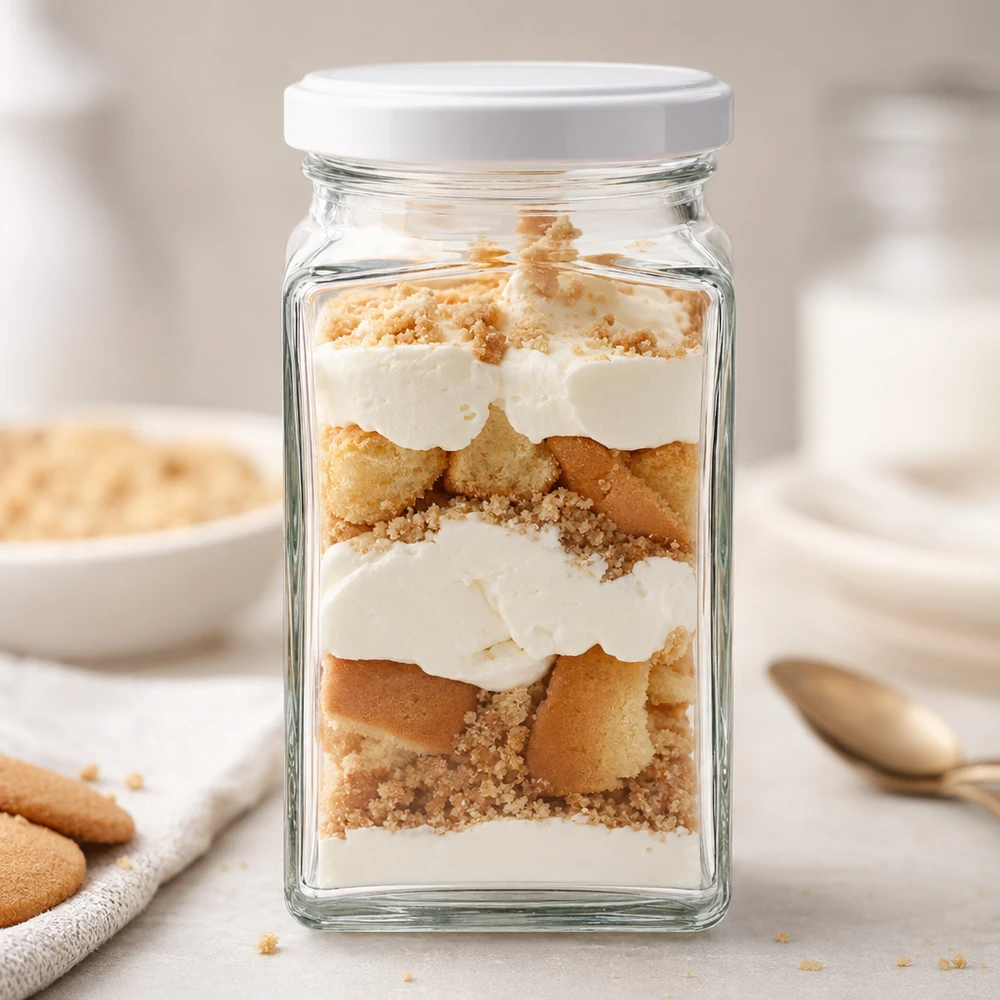 260 ml tetra-krukke med BasicSeal-låg hvid UNiTWIST 260 ml Tetra-glas BasicSeal hvid som dessertglas fyldt med tiramisu-lagdelt dessert ved siden af ladyfingers Køkkenbord