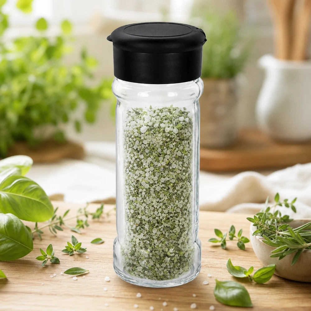 Salt-/krydderikrukke 100 ml med strøer, sort Krydderisalt i gennemsigtig glasbeholder på 100 ml med sort plastlåg på træoverflade