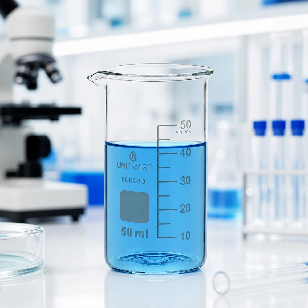 UNITWIST 50 ml boresilikatglas i høj form med blå væske i laboratoriet