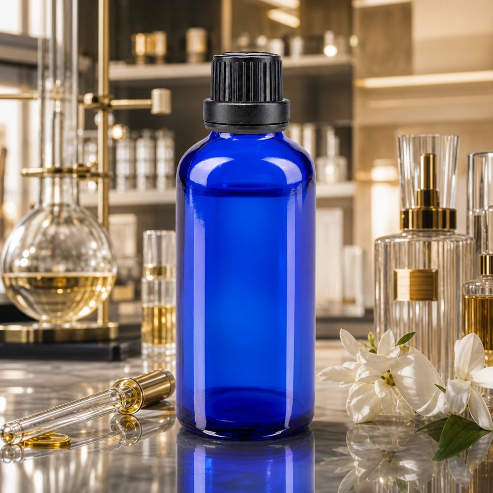 Blå 50 ml glasflaske med sort børnesikret låg i parfume-laboratoriet