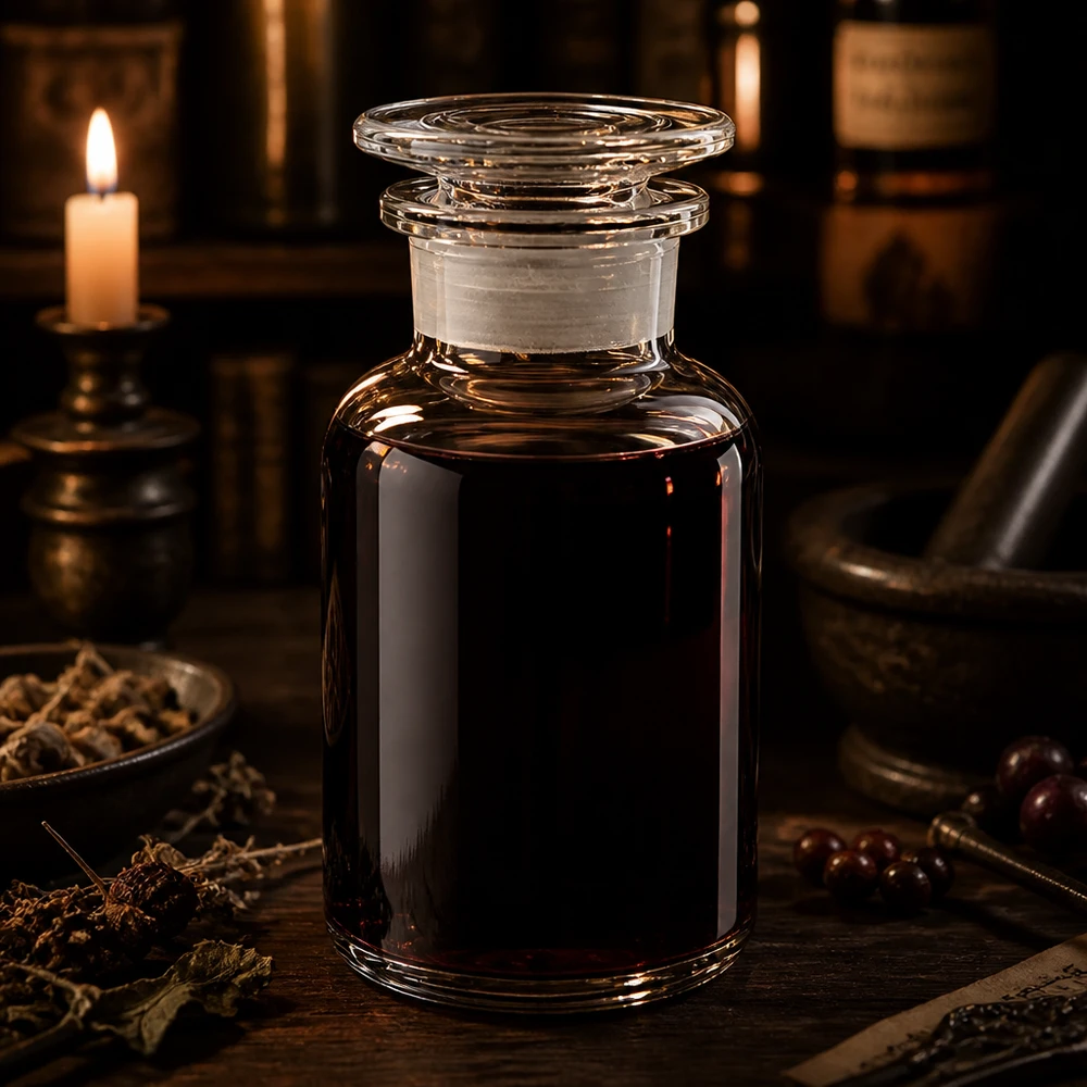 Rund skulderflaske 250 ml klar glasprop med bred hals Rundskulderflaske på 250 ml af klart glas med bred hals, fyldt med mørkerødt ekstrakt i stearinlysets skær