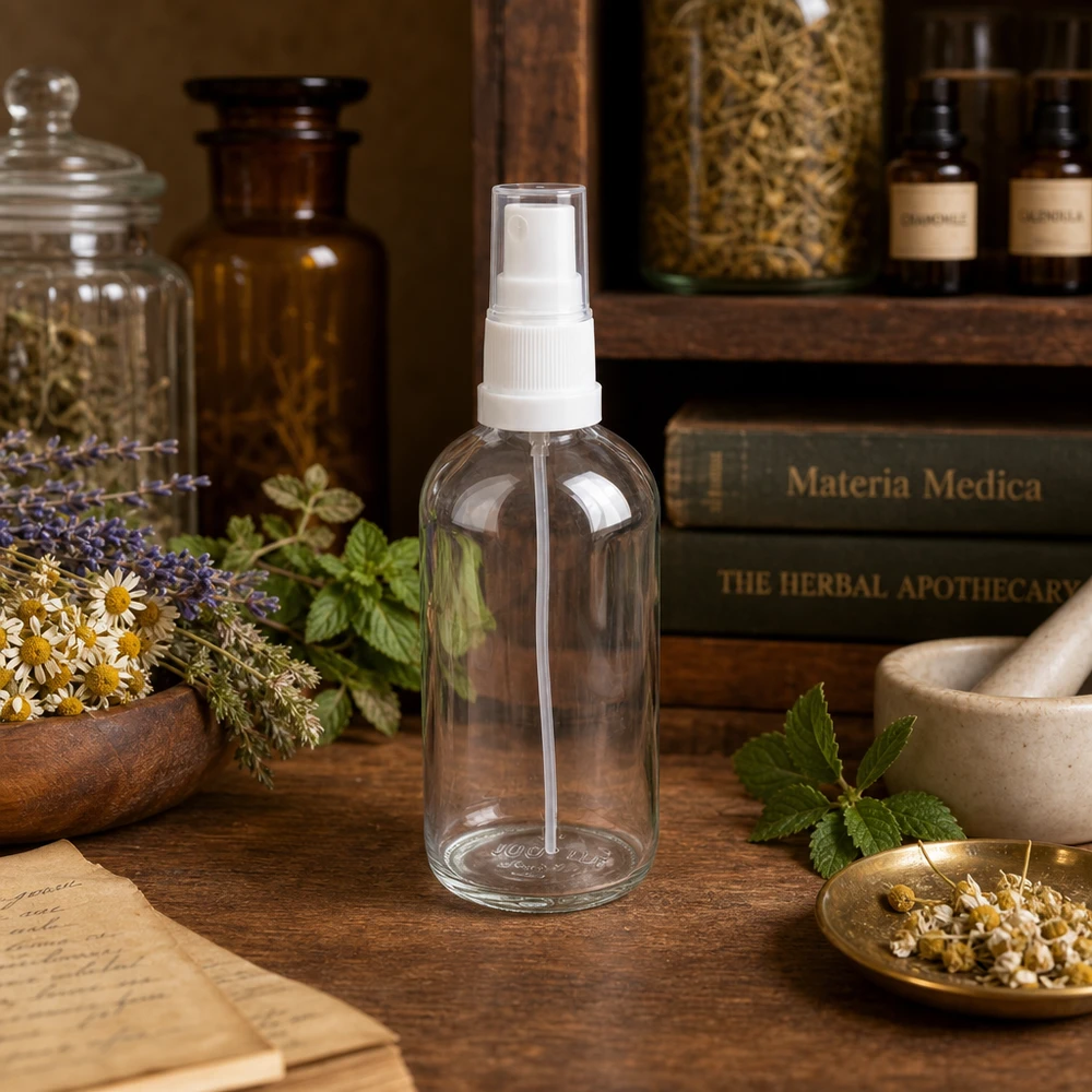 100 ml sprayflaske hvid/tr. STD ClearLine UT18/100 100 ml glasflaske med sprayhoved ClearLine UT18 – mellem lægeurter og apotekerbøger: naturkosmetik