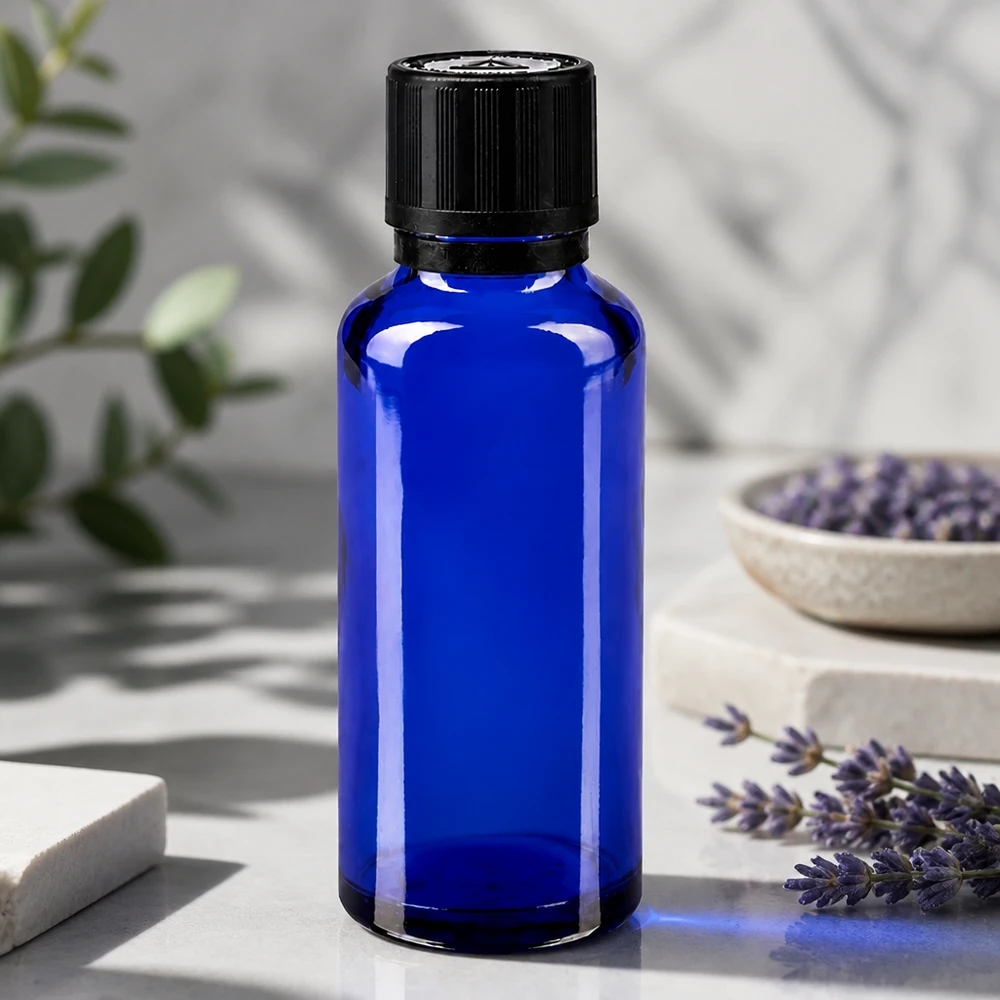 Blå glasflaske på 30 ml med sort børnesikret låg ved siden af friske lavendelgrene