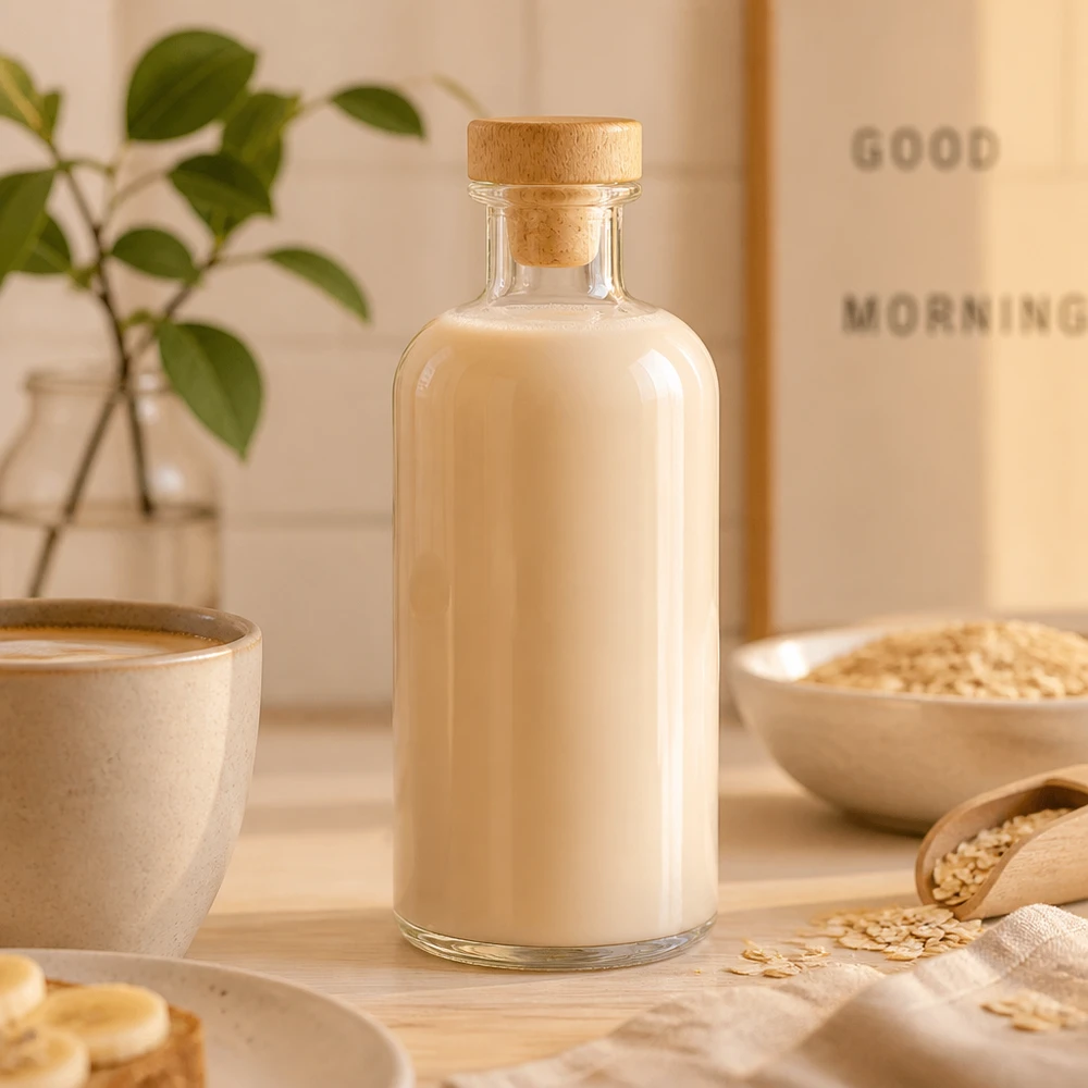 500 ml Apoteksflaske »Flora« med træhåndtag og prop UNiTWIST® Glasflaske Flora 500 ml fyldt med havremælk mellem havreflager og skål i naturkøkken