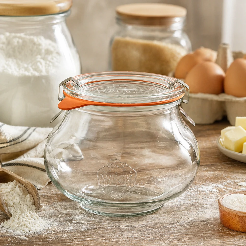 WECK dekorativ krukke 560ml RR80 i rustikt køkken med bageingredienser, mel og æg, perfekt til køkkenorganisation