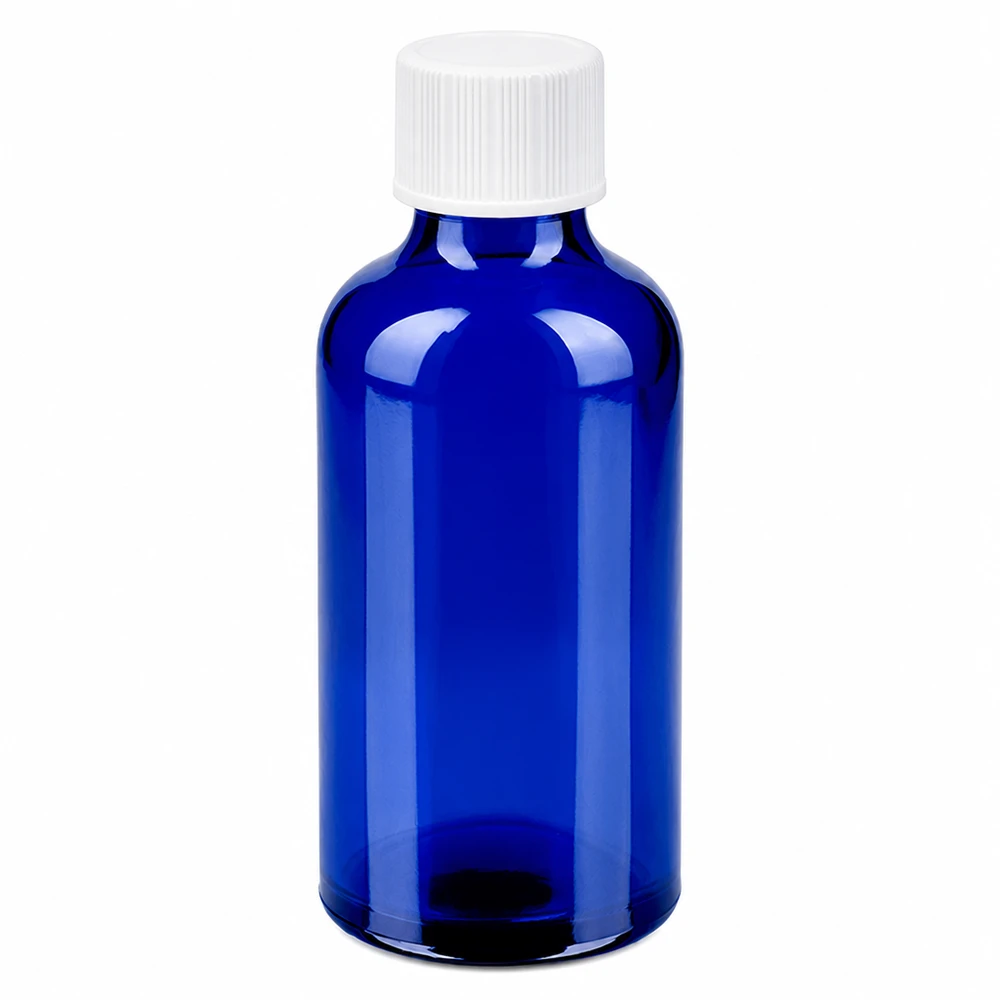 50 ml blå glasflaske med hvidt skruelåg 11 mm SV STD BlueLine UT18