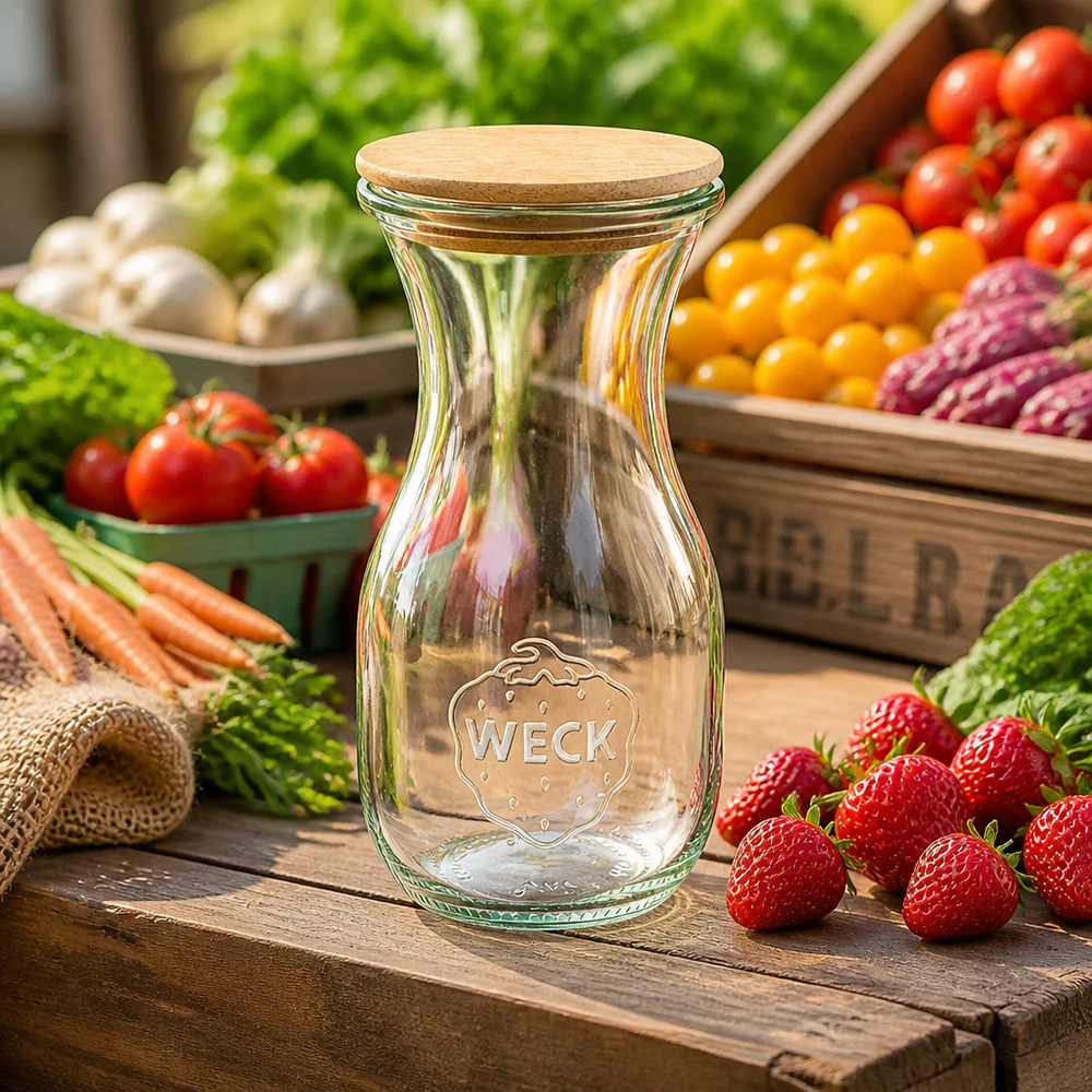 290 ml WECK juiceflaske med trælåg WECK glasflaske 290 ml med korkprop mellem friske grøntsager og frugt på et rustikt træbord