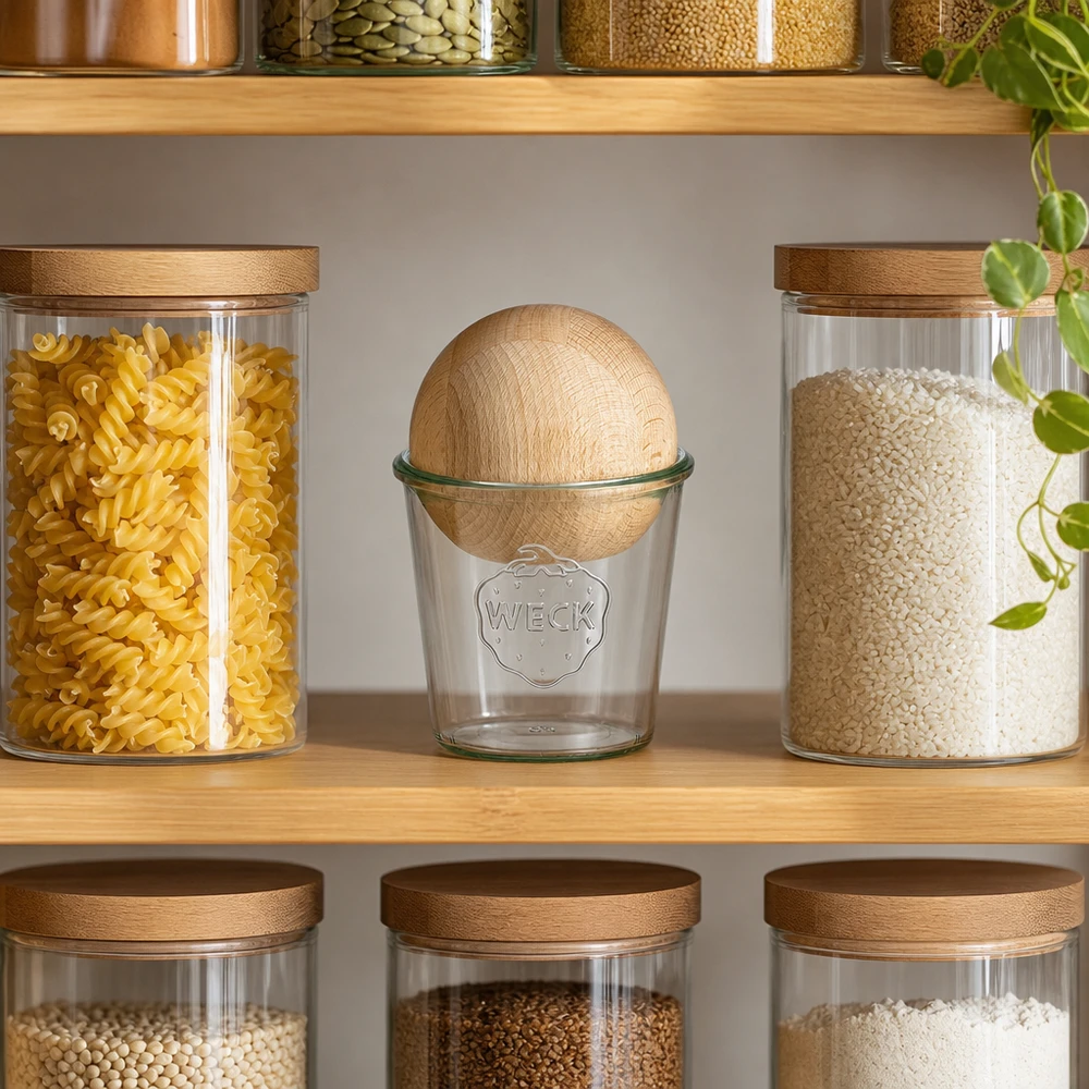 580 ml Briller WECK RR100 med trækugle bøg WECK-krukke RR100 580 ml med bøgetræskugle i et moderne spisekøkken mellem pasta og ris på en træhylde