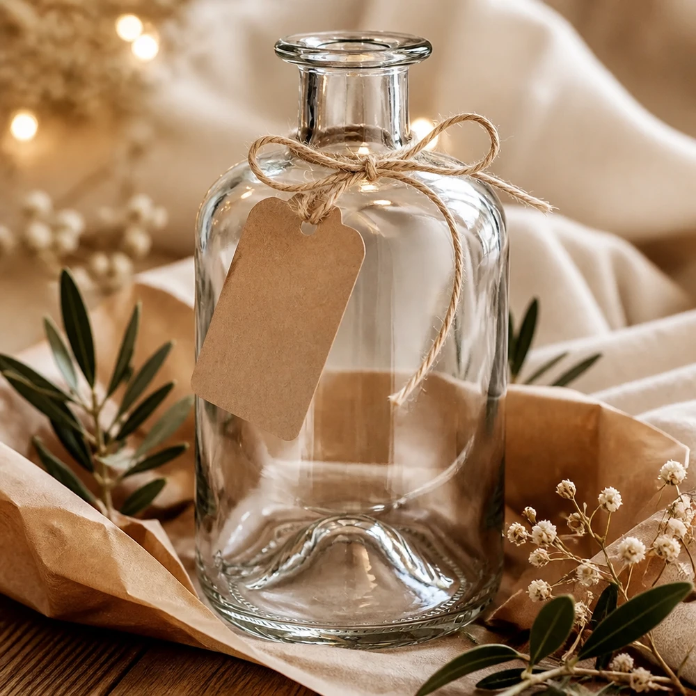 500 ml apoteksflaske »500ml Glasflasche "Luna" ohne Verschluss UNiTWIST« uden lukning UNiTWIST® Apotekerflaske Luna 500 ml gennemsigtig med kraftpapirmærke som gaveemballage mellem tørrede blomster