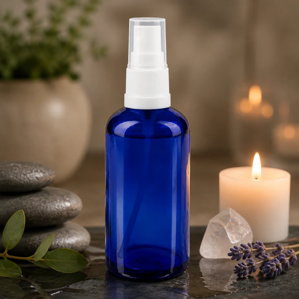 50 ml apotekerglas-sprayflaske i koboltblå med lavendel-stearinlys og krystaller
