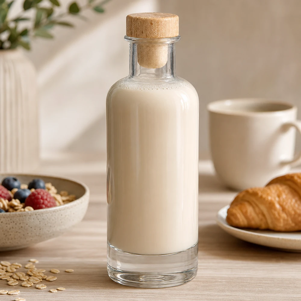 200 ml glasflaske »Ella« med træhåndtag og prop UNiTWIST® 200 ml glasflaske Ella med træprop fyldt med havremælk på morgenbordet med müsli og croissant