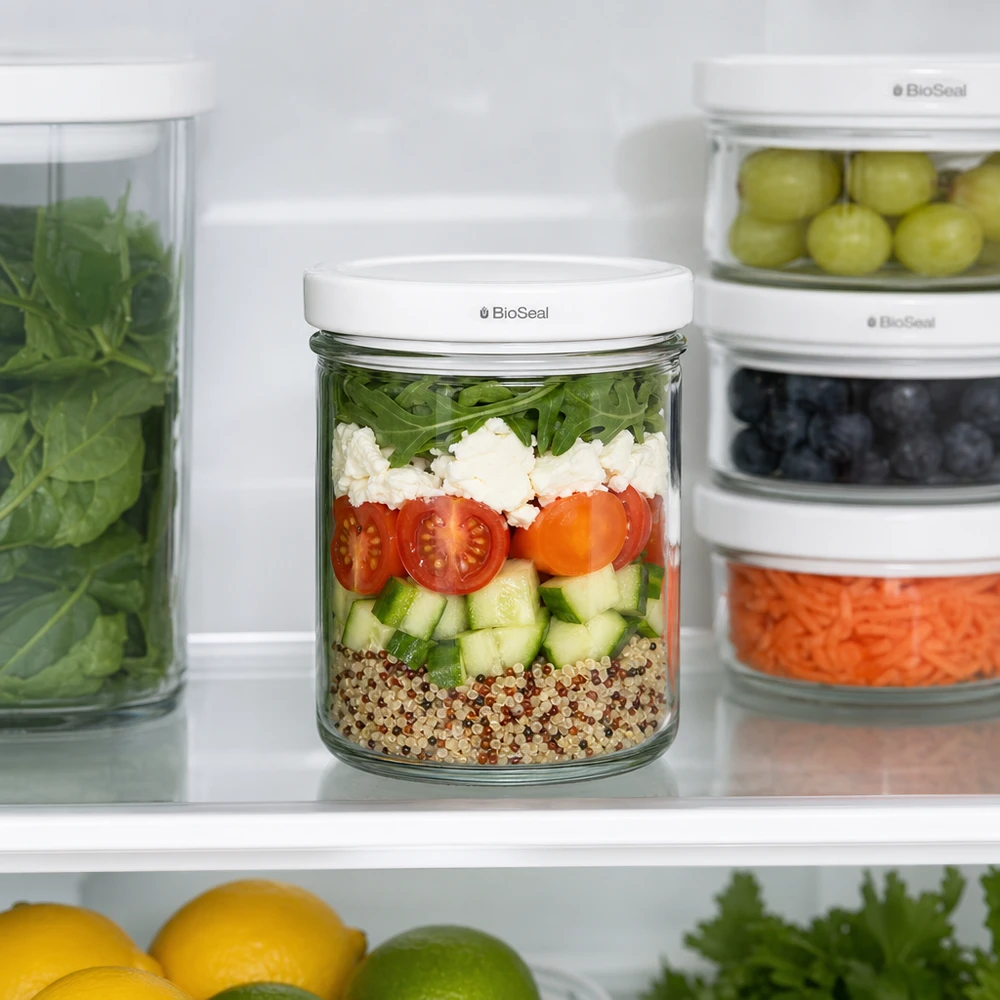 UNiTWIST overligger167 med hvidt låg TO66 BioSeal UNiTWIST 167 ml tumble-krukke i køleskab Meal Prep salat lagdelt BioSeal-låg, der holder på friskheden