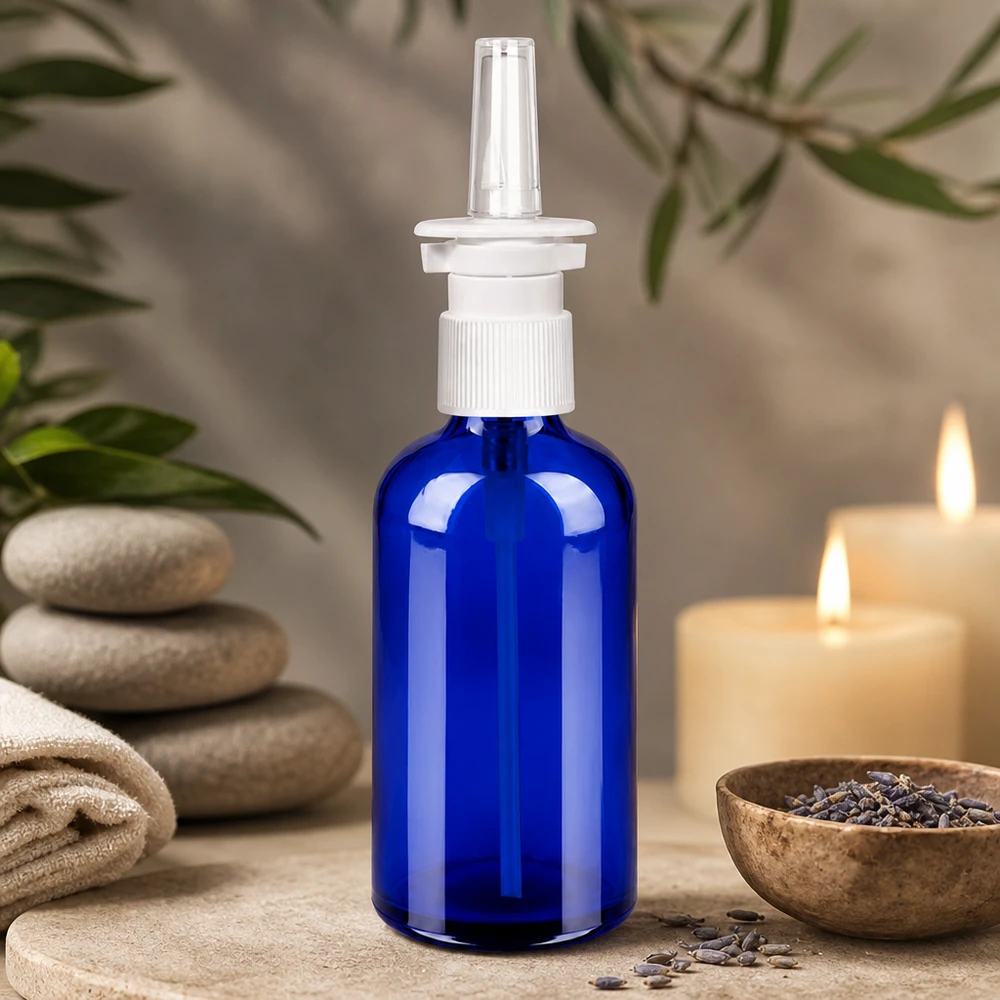 100 ml næsesprayflaske m./tr. STD BlueLine UT18/100 Medicinsk glasflaske 100 ml med præcist næsespray-system til terapeutiske anvendelser
