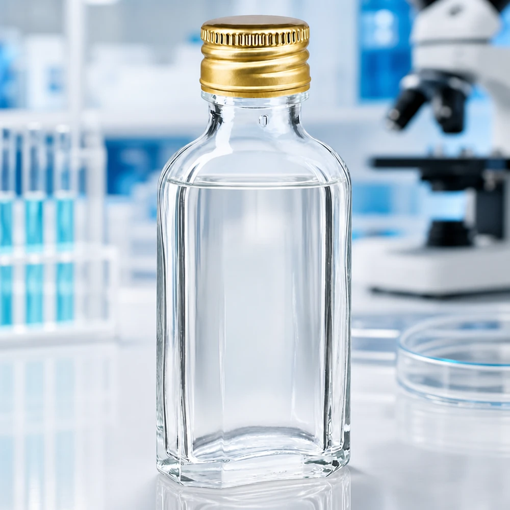 50 ml Meplat klar med aluminiumshætte guld PP22 Gennemsigtig 50 ml Meplat-flaske med guldgul aluminiumsskruelåg PP22 i et videnskabeligt laboratorium