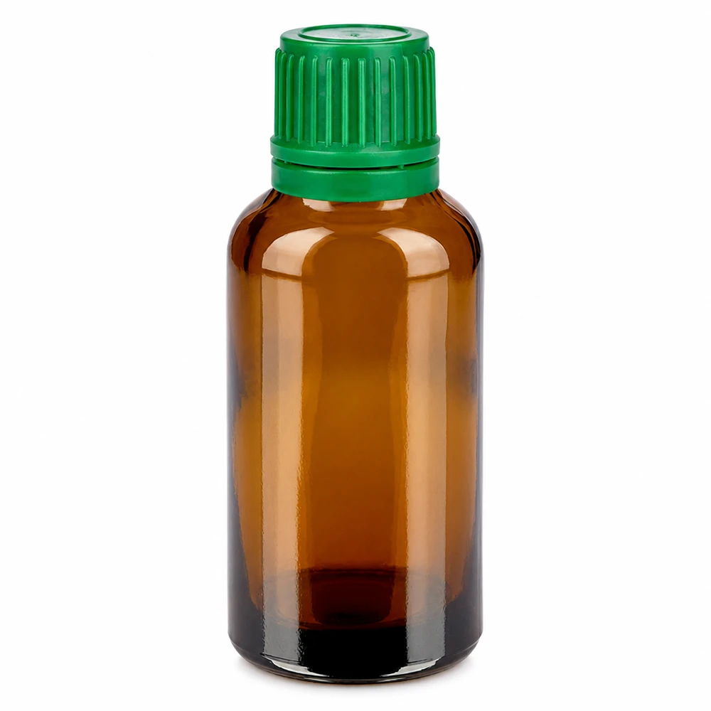 30 ml flaske 11 mm SV grøn OV BrownLine UT18/30 30 ml brun glasflaske med grønt skruelåg til æteriske olier og medicin
