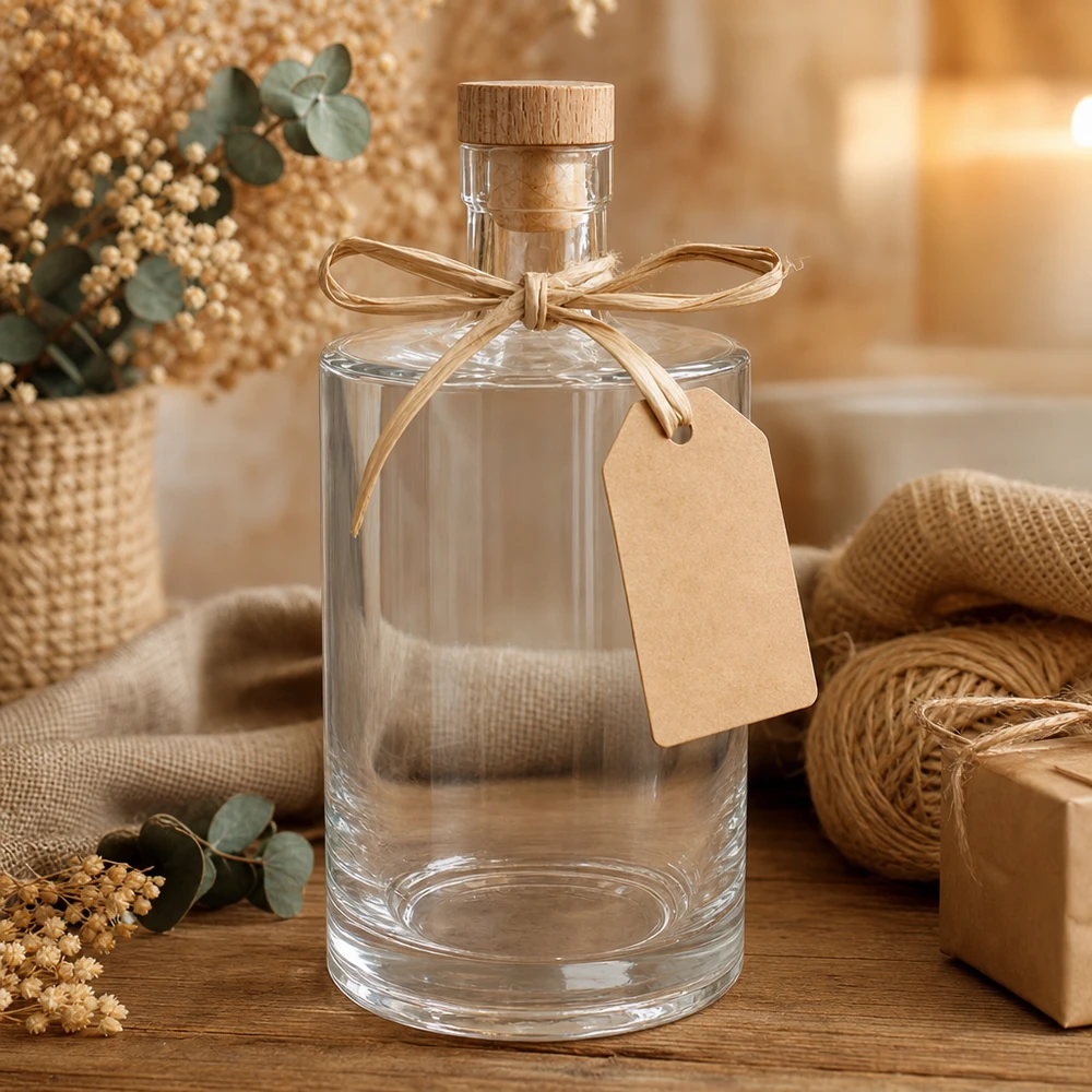 700 ml glasflaske »Marie« med træhåndtag UNiTWIST® 700ml Glasflasche Marie leer mit Holzkorken und Geschenkanhänger in gemütlicher Deko-Szene mit Jute und Blumen