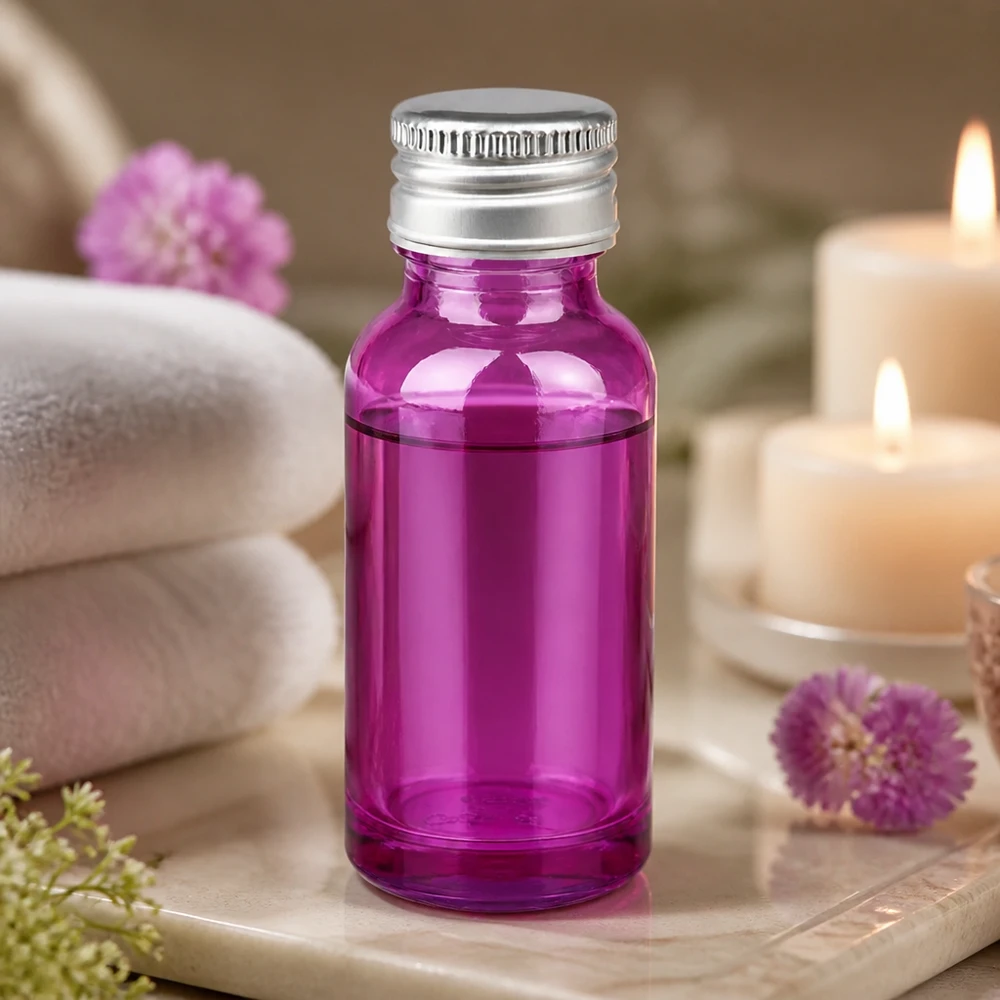 20 ml flaske 11 mm skruelåg aluminium-sølv standard PurpleLine.UT18/20 Kompakt 20 ml violet flaske med rillet aluminiumslåg til præcis dosering af essenser