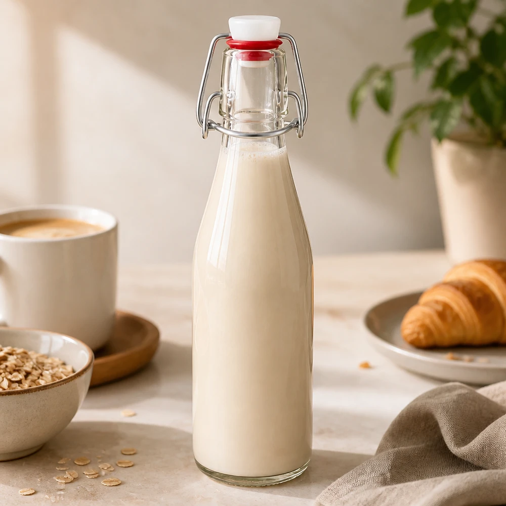 250 ml glasflaske og hængelåg i porcelæn UNiTWIST Glasflaske 250 ml med svingtop fyldt med mælk ved siden af havregryn, kaffekop og croissant
