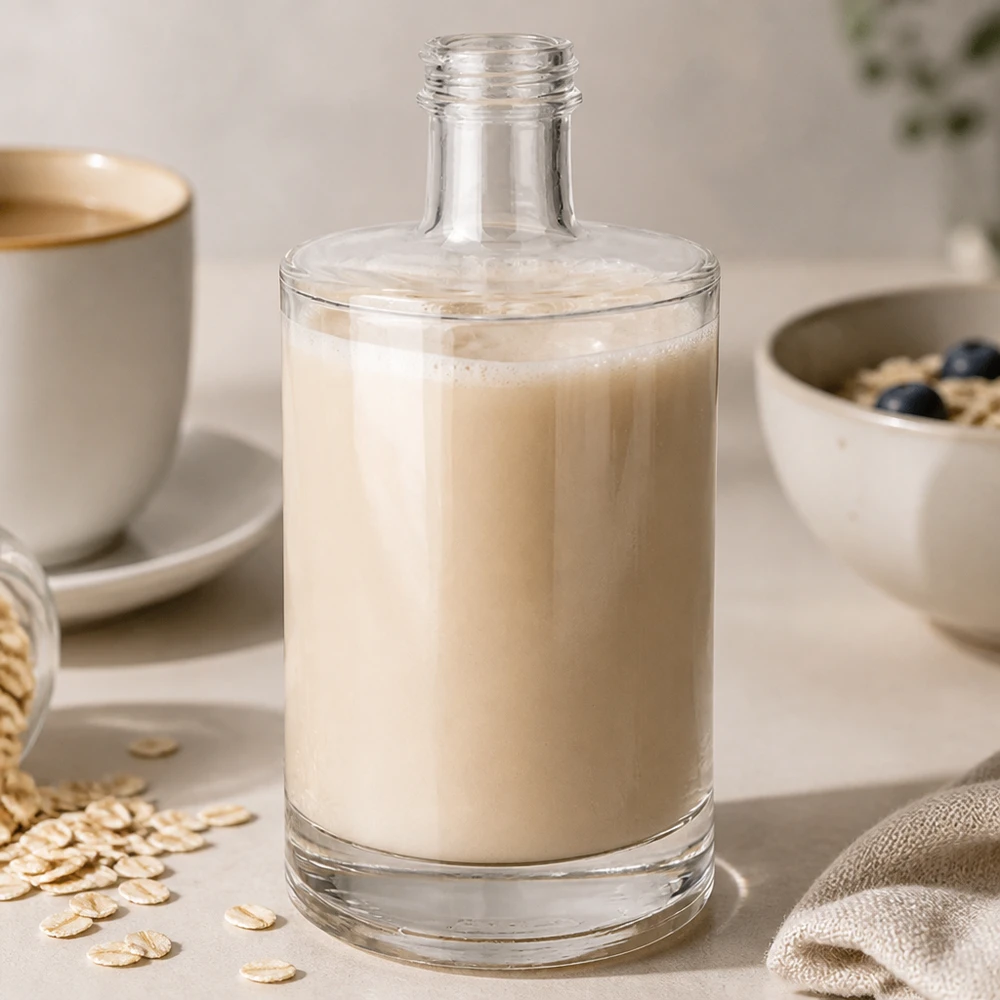 500 ml glasflaske »Sam« uden skruelåg UNiTWIST® 500ml Glasflasche Sam mit Hafermilch befüllt neben Kaffeetasse und Haferflocken stylische Küchenszene morgendlicher Life