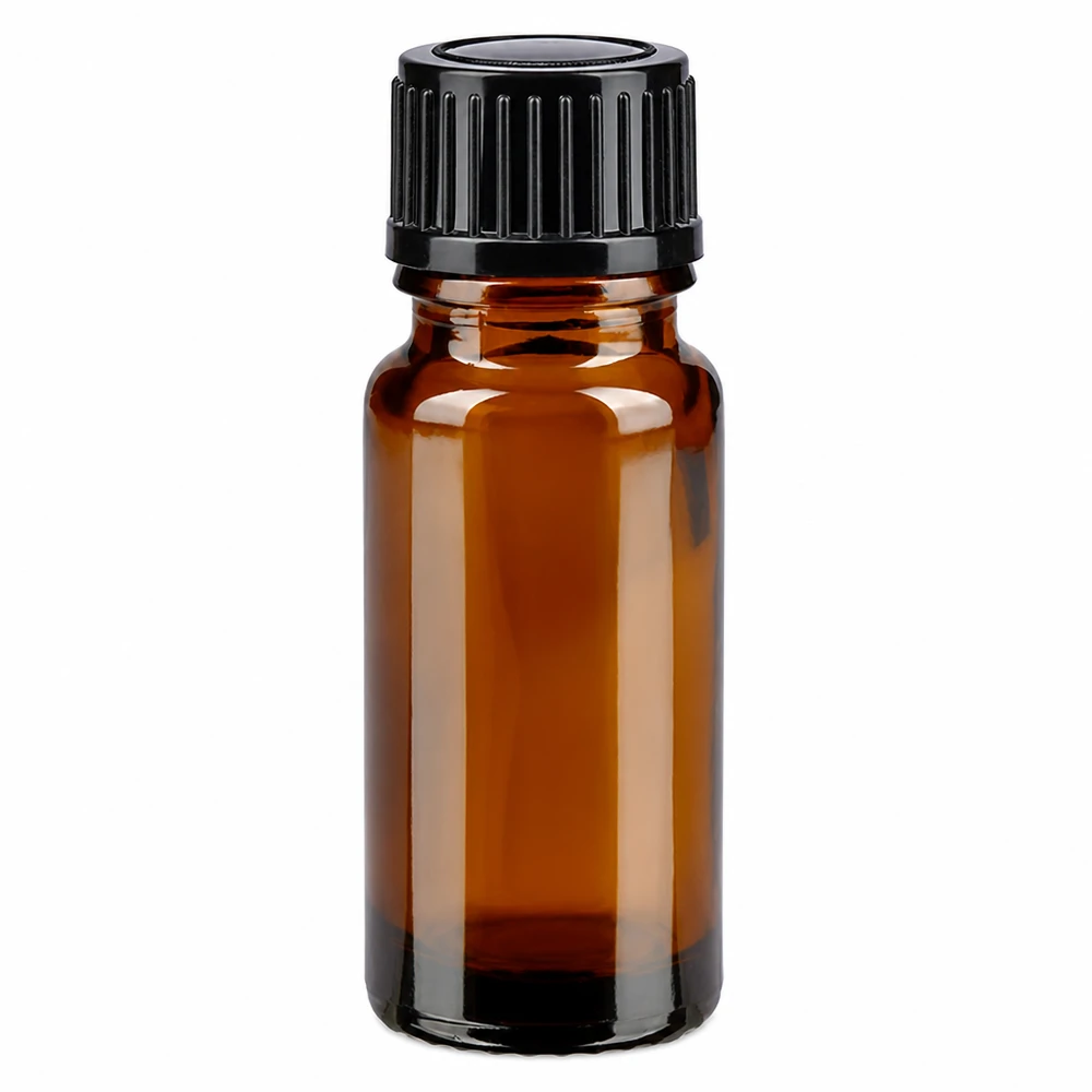 10 ml brun apotekerflaske af ravfarvet glas med sort skruelåg, 11 mm