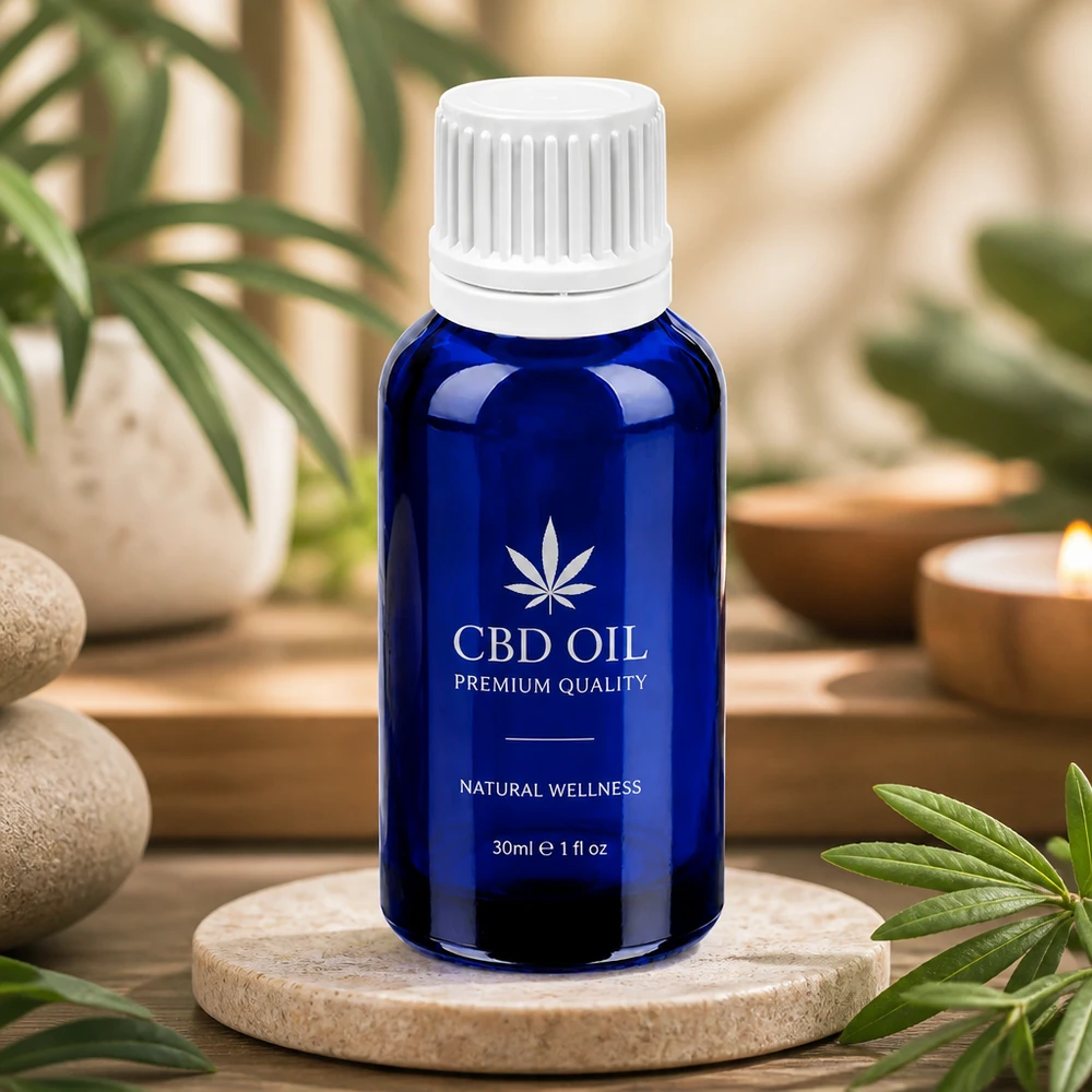 30 ml Dropperflaske 0,7 mm hvid OV BlueLine UT18/30 30 ml glasflaske med 0,7 mm dråbehætte i blå til præcis dosering af CBD-olie
