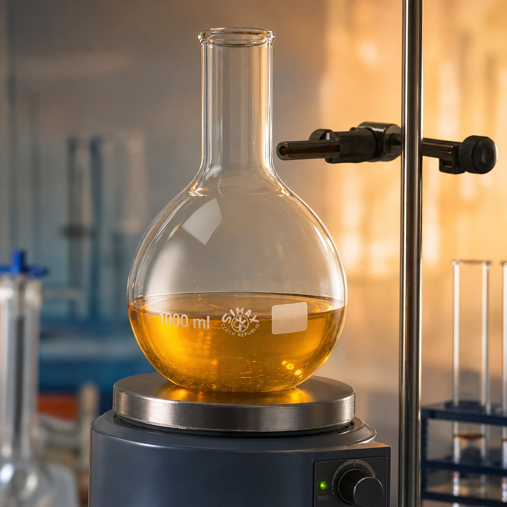 Stående kolbe 1000 ml med smal hals Stående kolbe 1000 ml med smal hals på varmeplade med gullig opløsning til termiske laboratorieprocesser