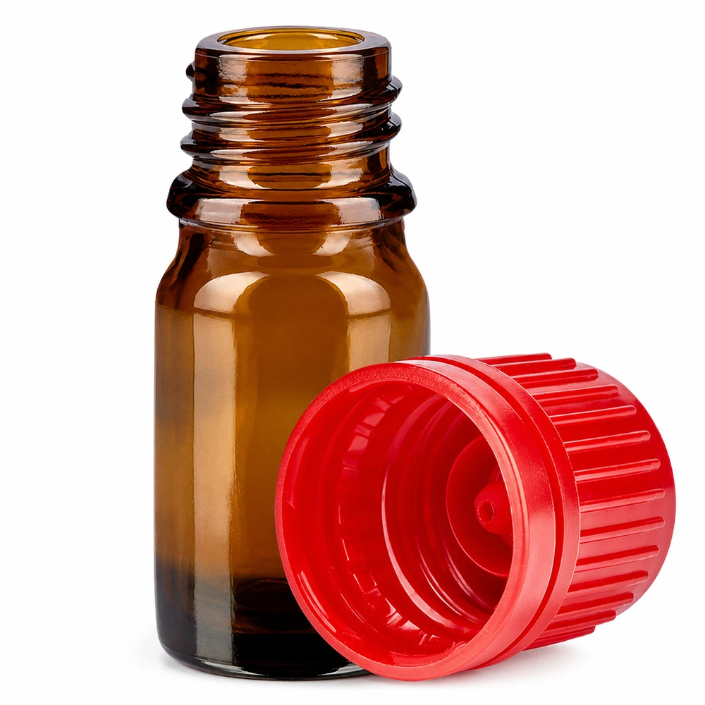 5ml flaske 11mm SV rød OV BrownLine UT18/5 5 ml ravfarvet glasflaske med åbent rødt skruelåg til kosmetik