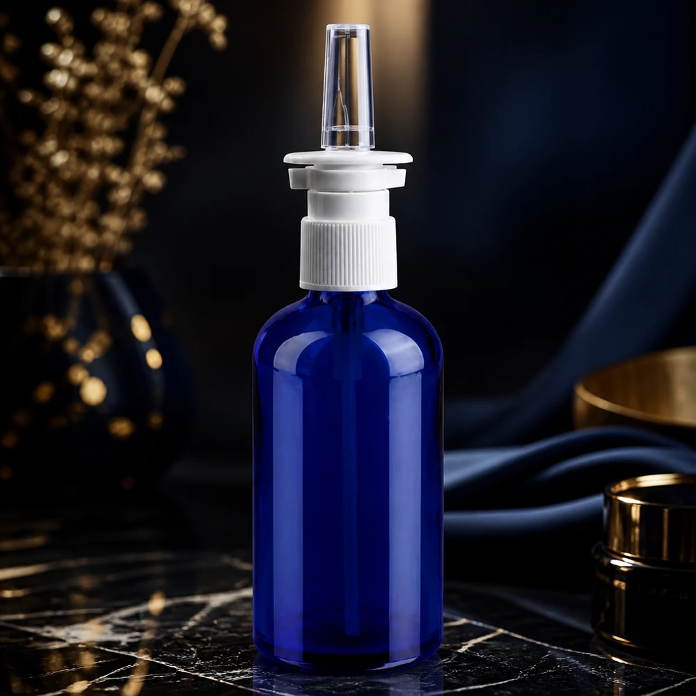 Medicinsk glasflaske 100 ml med præcist næsespray-system og hygiejnisk hætte