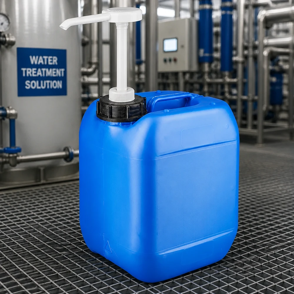 5 liters blå dunk med doseringspumpe Blå HDPE-kanister på 5 liter med doseringspumpe i et vandbehandlingsanlæg