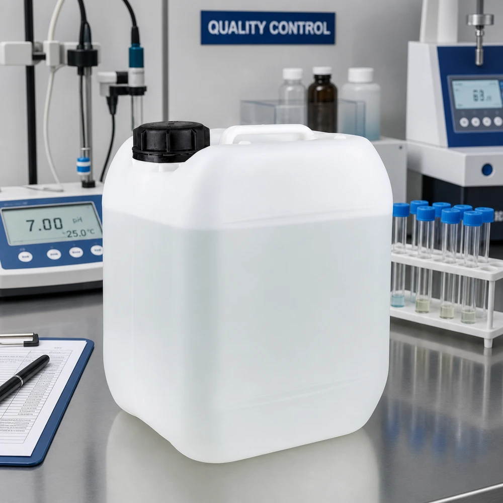 Robust 5-liters kemikaliebeholder af HDPE med lækagesikker skruelåg i kvalitetslaboratoriet