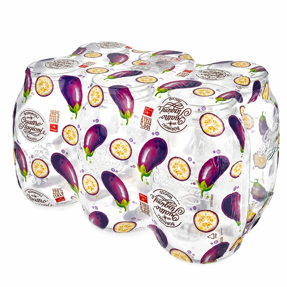 2000 ml rundt glas "Quattro Stagioni" med låg Quattro Stagioni 2L konservesglas med låg med auberginemotiv - italiensk opbevaringskrukke til grøntsager og antipasti
