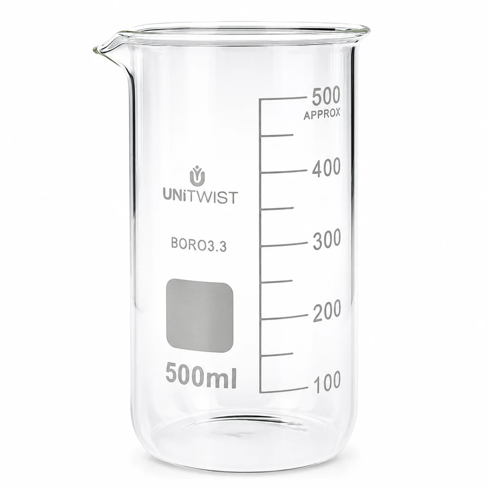 Bægerglas 500 ml borosilikat, høj form UNITWIST Becherglas, 500 ml, høj model, af borosilikatglas 3.3 med milliliterskala fra UNITWIST