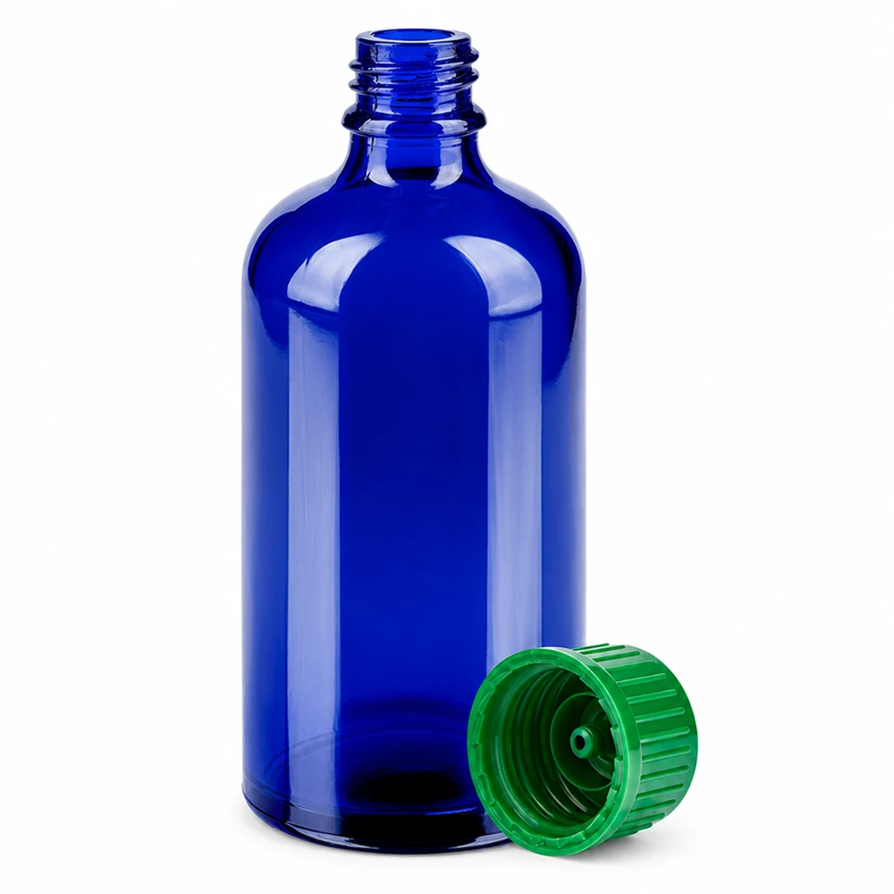 100 ml flaske 11 mm SV grøn STD BlueLine UT18/100 Blå 100 ml glasflaske i BlueLine-serien med 11 mm gevind og grøn hætte UT18/100
