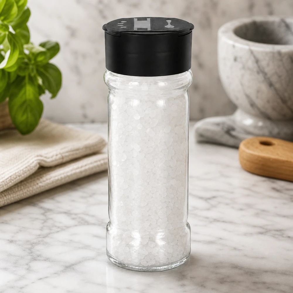Salt-/krydderikrukke 100 ml med dobbelt strøer, sort Saltbæger 100 ml fyldt med groft havsalt og sort dobbeltdæksel på marmorplade