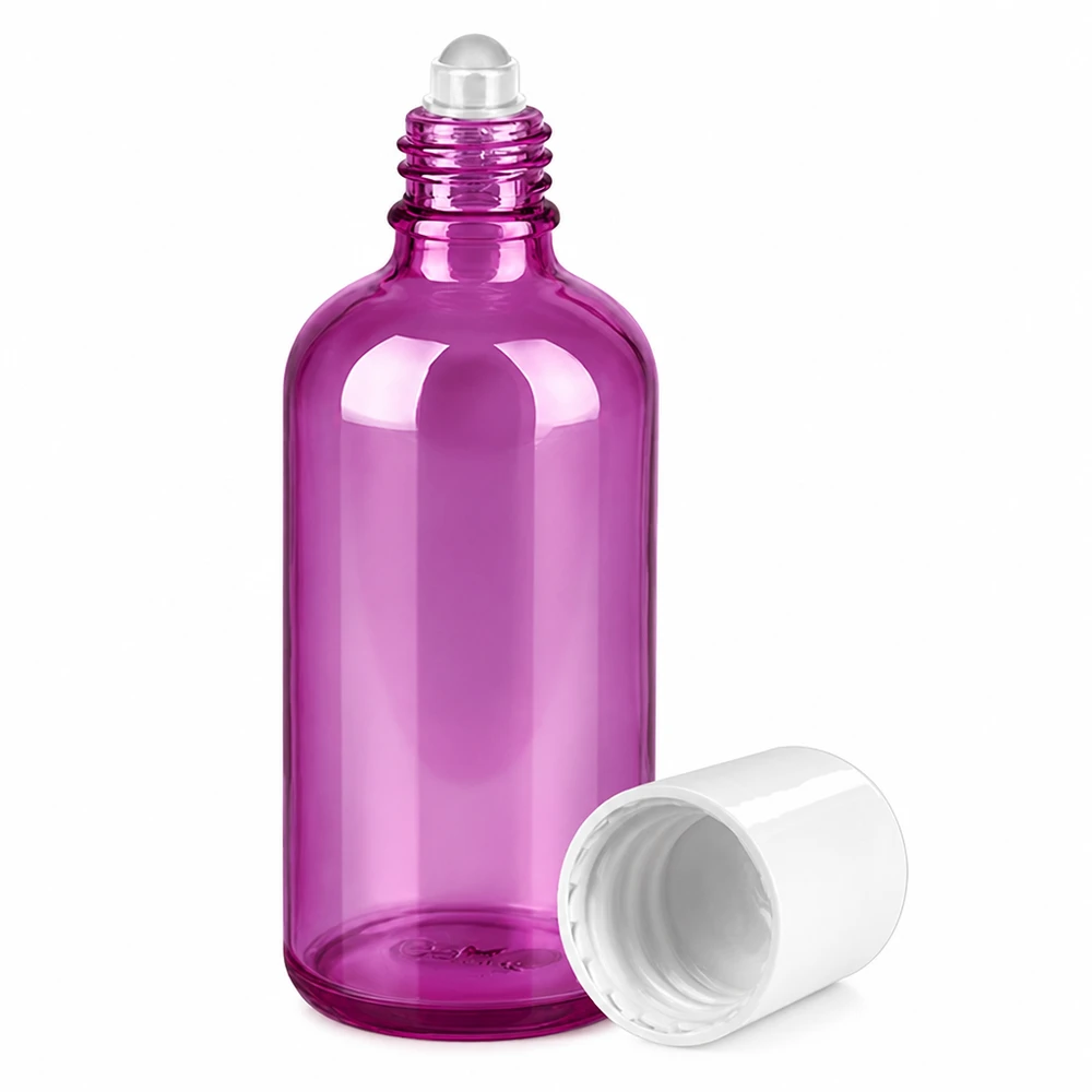 100 ml roll-on-flaske hvid standard PurpleLine UT18/100 Lilla 100 ml glasflaske med roll-on-applikator til præcis påføring af olier og serum
