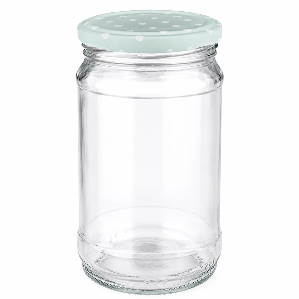 370 ml rundt glas + BasicSeal-prikker, mint, mat, UNiTWIST 370 ml rundt glas med mintfarvet låg med prikmønster (BasicSeal fra UNiTWIST), tomt, på hvid baggrund