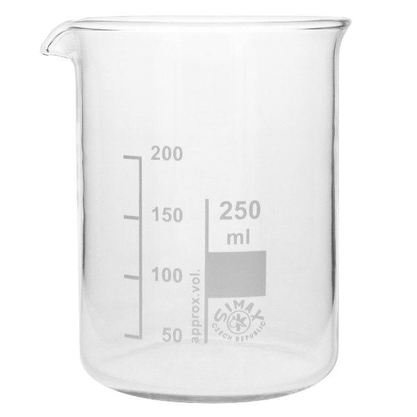 Bæger 250 ml borosilikatglas, lav form Bægerglas 250 ml af borosilikatglas i høj kvalitet med tud og skala til laboratoriet og køkkenet