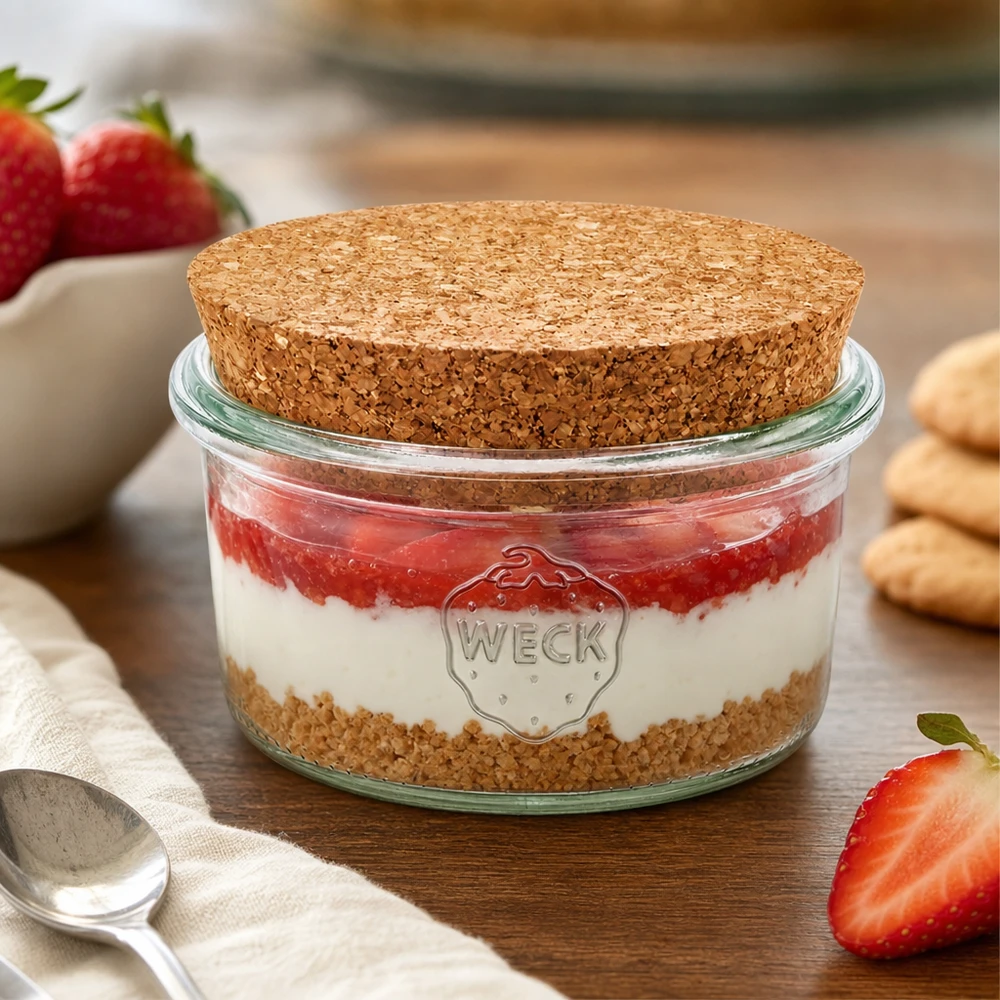 165 ml Briller WECK RR80 med kork natur WECK Sturzglas 165ml mit Korkdeckel als Dessertglas für Erdbeer-Tiramisu dekoriert mit frischen Erdbeeren