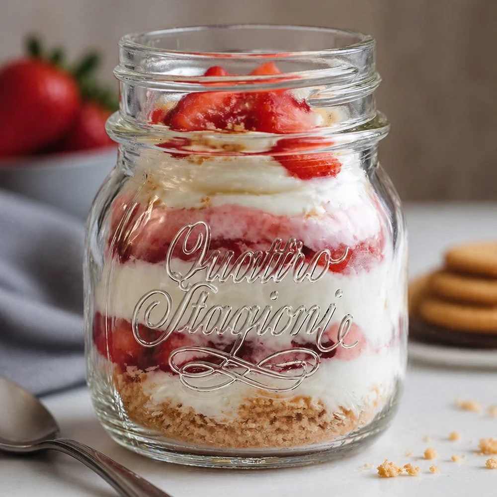 150 ml husholdningsglas "Quattro Stagioni" 150 ml Quattro Stagioni husholdningsglas fyldt med en lagdelt dessert af jordbær og fløde på en hvid køkkenbordplade