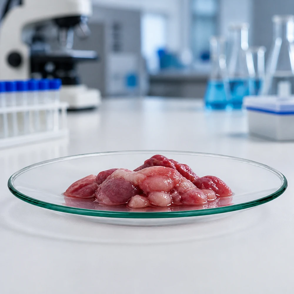 Urglasskål Ø 80 mm Se glasskål 80 mm med organiske prøver i et sterilt laboratoriemiljø til mikrobiologiske tests