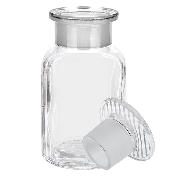 Rund skulderflaske 100 ml klar glasprop med bred hals Gennemsigtig flaske med runde skuldre, 100 ml, med glasprop og bred hals til laboratorier og apoteker