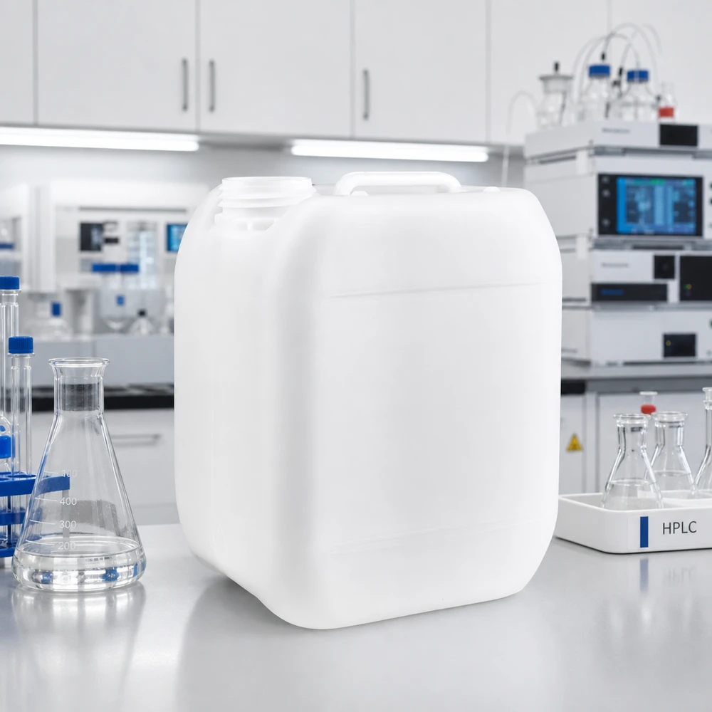 Tom 5-liters dunk uden låg på en hvid laboratoriebordplade ved siden af en Erlenmeyer-kolbe
