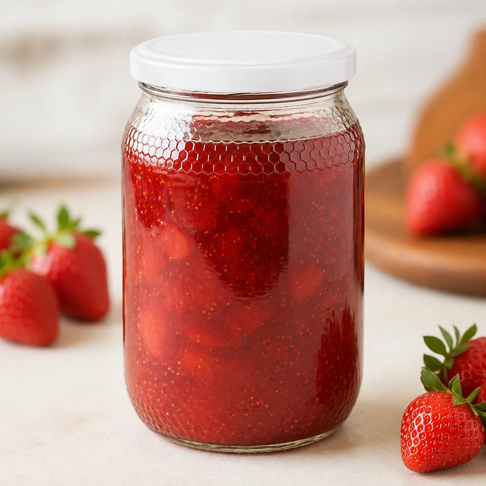 1260 g honningglas med hvidt BasicSeal UNiTWIST-låg Honningkrukke 900 ml fyldt med jordbærmarmelade demonstrerer egnethed til marmelade BasicSeal-låg UNiTWIST