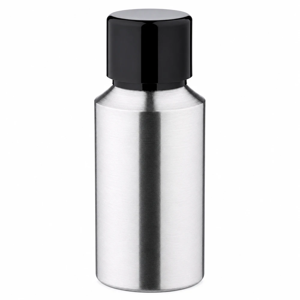 30 ml flaske i poleret aluminium med skruelåg 30 ml aluminiumsflaske med skruelåg i sort børstet aluminium til kosmetik og olier
